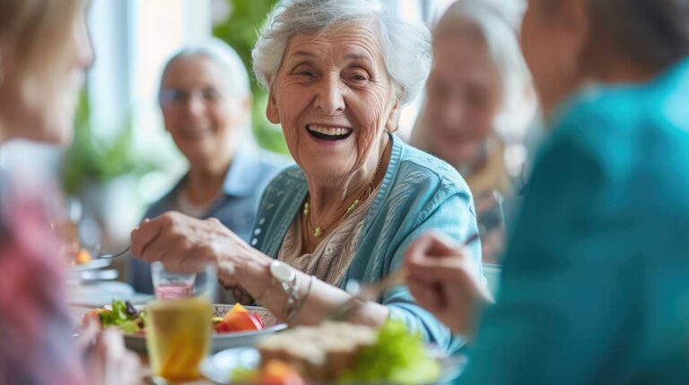 Older adults sharing a conversation in a comfortable common area with natural light and personalized décor.